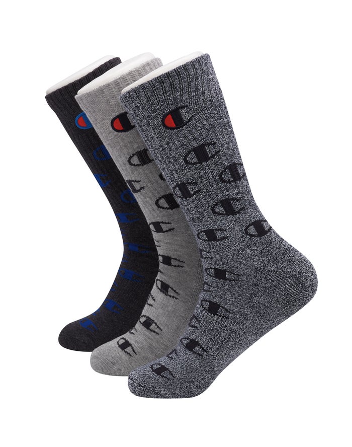 Champion Mens Socks NZ - Crew All Over Logo 1-Pair Grey/Black ( 5301-HOPJA )